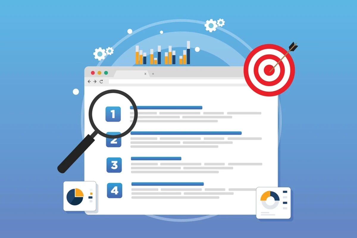 An illustration of a search results page with a ranked list, a magnifying glass on the number one position, a target with an arrow, and analytics charts